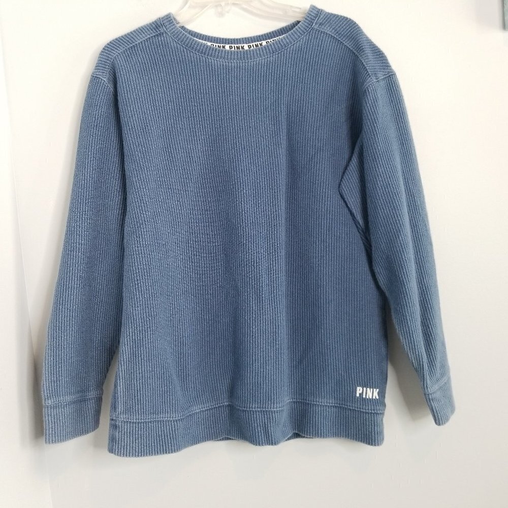 Victoria's Secret Pink Oversized Blue Ribbed Crew Neck Sweatshirt XS
